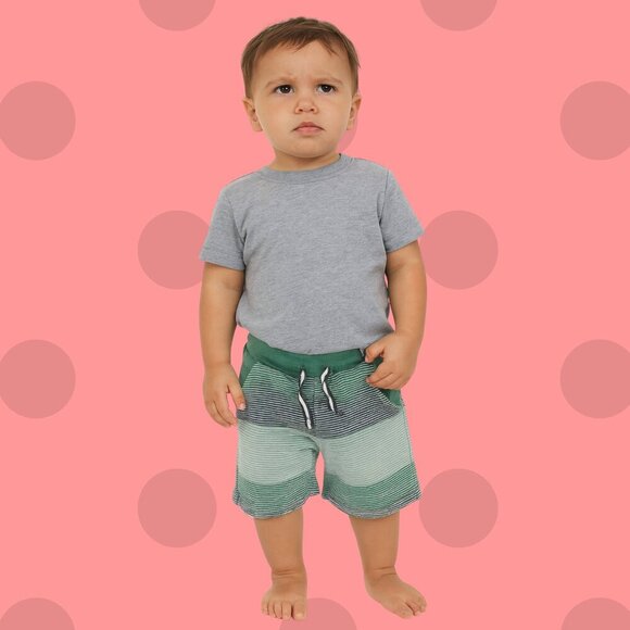 Green Striped Toddler Shorts | Size 18M | Comfy Knit Pull-On Summer Shorts - Picture 1 of 6